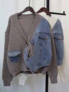Meilleur cardigan tricoté en denim épissé pour femmes pull ample décontracté polyvalent veste femme tendance 2024 automne nouveaux articles veste - Product Image 2