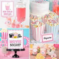 Décorations pour soirée cinéma, bannière rose sur le thème du cinéma, panneau mignon pour popcorn, décorations pour boissons fraîches, cartes de table, autocollants, fournitures pour fêtes