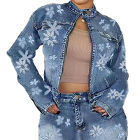 Top qualité femmes bleu lavé longueur courte manches longues veste en jean avec poches et col rabattu applique broderie dessus