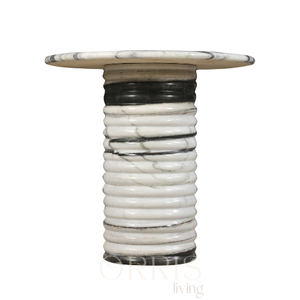 ORRIS LIVING Modern Black and White Marble Round <b>Nightstand</b> with Ribbed Pedestal Base for Bedroom and Living Room - Product Image 5