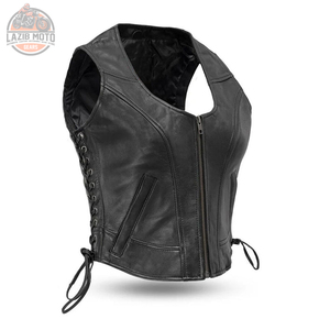 เสื้อกั๊กหนังขี่มอเตอร์ไซค์แฟชั่นสำหรับผู้หญิงเสื้อกั๊กหนังสีดำแขนกุดทรงสลิมฟิตสำหรับผู้หญิงมีกระเป๋า - Product Image 1