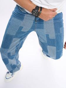 Jeans en denim foncé tendance pour hommes, coupe large, ample, respirant, grande taille, design patchwork, pantalon brodé, streetwear - Product Image 3