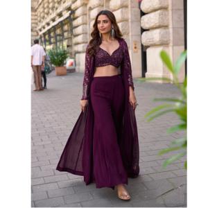 Conjunto de Palazzo y Shrug con Bordado Completo en Georgette Sintético Pesado y Lentejuelas, Choli de Boda con Shrug - Product Image 1