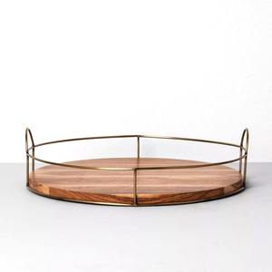 Plateau de service rond en bois de 16 pouces avec fil métallique en laiton et poignées pour le salon, décoration rustique Acacia-Home, nouvelle arrivée - Product Image 6