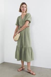 Premium Flowy Cotton <b>Crinkle</b> Midi <b>Dress</b> V Neckline, Puff Sleeves, an Oversized Ruffle Hem, Matching Belt and Side Pockets - Product Image 2