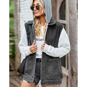 Femmes Denim Gilet Mi-Long Jean Gilet Sans Manches Vestes En Détresse Coton bleu avec capuche Femmes Manteaux coton Jeans Gilets - Product Image 2