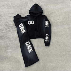 Patch en détresse survêtement pour homme sweat à capuche zippé pantalon évasé survêtement unisexe pantalon de survêtement lavé à l'acide et ensemble de sweat à capuche survêtement - Product Image 2