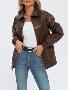 Femmes peau de mouton cuir surdimensionné fermeture éclair Faux moto Bomber veste respirant hiver manteau automne à la mode tenue de mode - Product Image 2