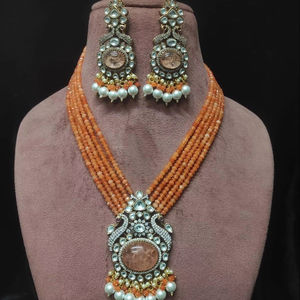 Antique Gold Plated Designer Polki <b>Necklace</b> <b>Set</b> with Earrings Bridal Jewelry for <b>Wedding</b> & Party Celebration - Product Image 1