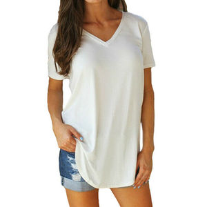 Femmes décontracté été hauts mode col en V à manches courtes tunique T-Shirt ample Blouse ourlet incurvé respirant coton impression personnalisée - Product Image 1