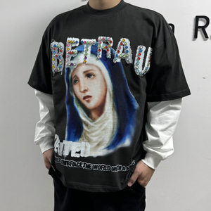 100% coton encolure étroite poids lourd personnalisé strass T-shirt pour hommes plaine Boxy goutte épaule imprimé coupe ample T-shirts - Product Image 2