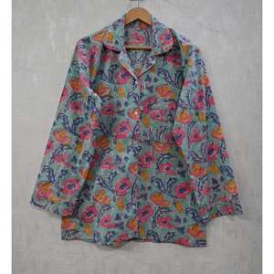 Conjunto de Pijama de Verano de Algodón Estampado a Mano, Lujoso, Transpirable, Suave, con Diseño Floral Indio, Ropa de Dormir Ligera - Product Image 2