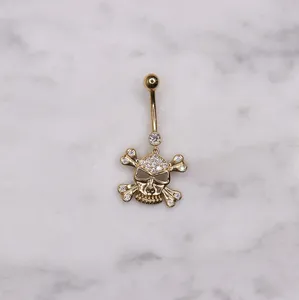 Calavera CZ y huesos cruzados Real oro sólido Piercing para el vientre joyería del cuerpo para mujeres y niñas estilo de moda - Product Image 3