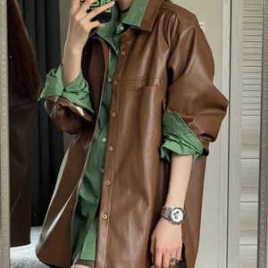 Womens Vintage Brown PU Leather Jacket Loose Casual <b>Button</b> <b>Coat</b> - Product Image 1