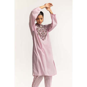 Chemise décontractée prête à porter en lin rose teint avec broderie florale et pantalon assorti en tissu Nep Lawn - Product Image 4