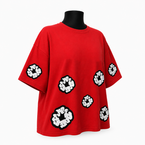 Camiseta Roja Extra Grande para Mujer, de Algodón, Corte Holgado, Cuello Redondo, Manga Corta, Bordado Floral, para Todas las Temporadas, Estilo Casual - Product Image 3