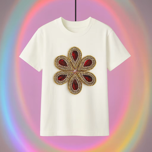 100% algodón peinado de lujo adornado a mano camiseta con cuentas de cristal diseño Floral Premium chicas moda terciopelo rojo lágrima - Product Image 1