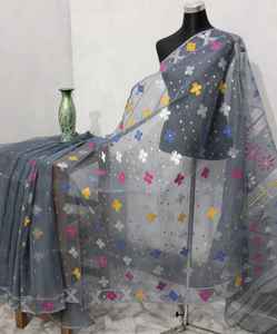 Exclusivo Deshi Dhakai Jamdani Sharee de alta calidad para mujeres JAMDANI tela azul rojo verde dorado cielo azul de Bangladesh - Product Image 2