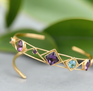 Blue <b>Amethyst</b> Square 10mm Blue Topaz Round Bangle 925 Sterling Silver 18K Gold Plated Every Wear Gift for Her - Product Image 5