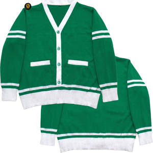 เสื้อคาร์ดิแกนถักไหมพรมแบบยูนิเซ็กซ์ สีเขียวขาว คอวี แต่งสีตัดกัน สไตล์พรีปปี้ กระดุมติดแบบคลาสสิก สไตล์วิทยาลัย - Product Image 1
