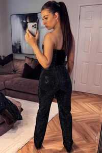 Pantalones Vaqueros Acampanados de Diseño Novedoso 2025 para Mujer con Pedrería y Corte Holgado Personalizado de Color Negro Sólido - Product Image 6