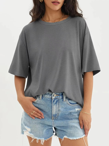 Camiseta de Manga Corta con Cuello Redondo para Mujer, Color Gris, Corte Holgado, Estilo Casual, Primavera Verano, Tejido de Punto, Algodón Jersey - Product Image 6