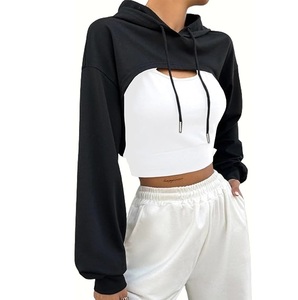Sudadera Corta con Capucha para Mujer, Diseño Color Block en Negro y Blanco, Manga Larga, Tejido de Algodón, Ropa Casual de Otoño - Product Image 1