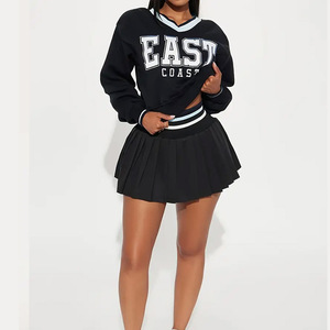 Wholesale 2pcs Women's Printed O-neck Long Sleeved Sweatshirt Casual <b>Top</b> Elastic Pleated <b>Short</b> Skirt <b>Set</b> - Product Image 5