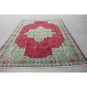 พรมวินเทจขนาด 7.4x10 ฟุต พรมตุรกีขนาดใหญ่ พรมลายตารางแดงเขียว - Product Image 1