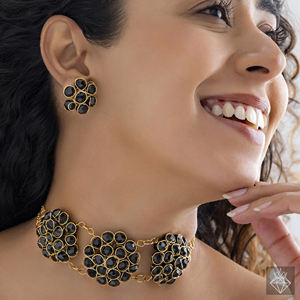 PRAO Impresionantes cuentas de cristal negro Gargantilla de oro Conjunto de collar con pendientes - Product Image 1