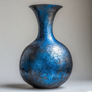 Vase bleu royal azur vintage avec émail fissuré Vase de sol en métal émaillé Design floral en relief Décoration d'intérieur Déclaration d'accent - Product Image 6