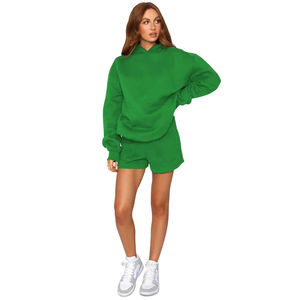 High Quality Winter 2 Piece Long <b>Sleeve</b> <b>Short</b> Pant Solid Color Pullover Hooded <b>Sweatshirt</b> Women's Casual <b>Shorts</b> 100% Cotton - Product Image 5