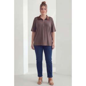 Blusa modal de talla grande con hombreras y cremallera, color marrón - Product Image 3