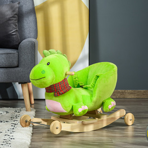 HOMCOM-Cheval à bascule avec roues, cheval à bascule en forme de dragon pour enfants de 18 à 36 mois, en bois et peluche vert - Product Image 2