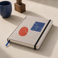 Carnet Géométrique Personnalisé LABON, Couverture Rigide Mate Taupe, Impression CMYK, Dorure à Chaud, Rectangulaire Bleu Marine, Ovale Terracotta, Bande Élastique Noire