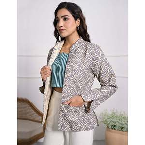 Silk Block Printed Reversible Winter Jacket with <b>Button</b> Decoration - Product Image 5