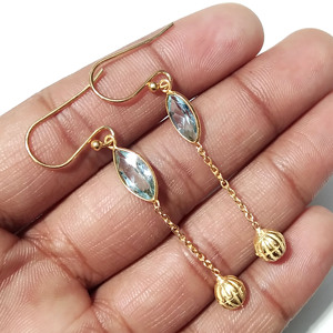 Boucles d'oreilles pendantes en forme de marquise facettée en topaze bleue naturelle, plaquées or sur argent, pour femmes, à porter pour les fêtes - Product Image 3