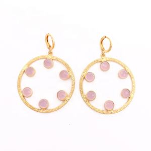 Boucles d'oreilles créoles en pierres précieuses rondes fuchsia rose plaqué or bijoux de style goutte bijoux pendants à la mode - Product Image 5