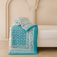 Couette en coton doux à motif floral de lotus, bleu clair, réversible, pour lit simple, imprimée aux pigments, écologique, hypoallergénique