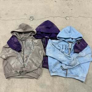 Sweats à capuche brodés en chenille personnalisés veste zippée en strass lavage à l'acide sweat à capuche vintage délavé en polaire pour hommes - Product Image 4