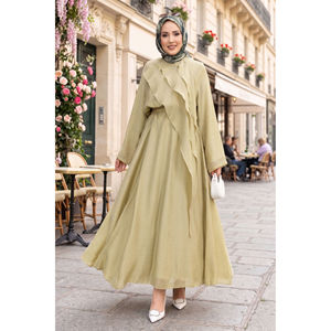 Robe asymétrique à volants en lin 100% pour hiver et printemps, style mousseline, 2 pièces, couleur vert olive, style club, manches courtes - Product Image 1