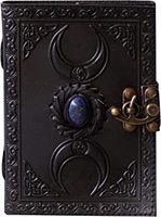 Journal A5 en cuir fait main, couverture rigide, pierre de lapis-lazuli, cristal, triple lune, carnet de croquis, reliure à l'ancienne, bord festonné, couture, papier cadeau, sortilège
