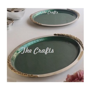 Ensemble de 2 plateaux de service en acier inoxydable de couleur verte et argentée de forme ovale pour la vaisselle - Product Image 1