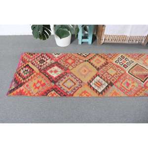 Vintage Kilim <b>Runner</b> Rug 2.3x10.1 ft (70x309 cm), Turkish <b>Red</b> Check Wool Rug - Product Image 5