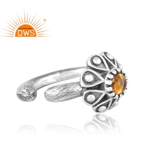 แหวนซิทรีนธรรมชาติสีเงินสเตอร์ลิงออกซิไดซ์ออกแบบลายดอกไม้แหวนปรับได้ผู้ผลิตเครื่องประดับตามต้องการ - Product Image 2