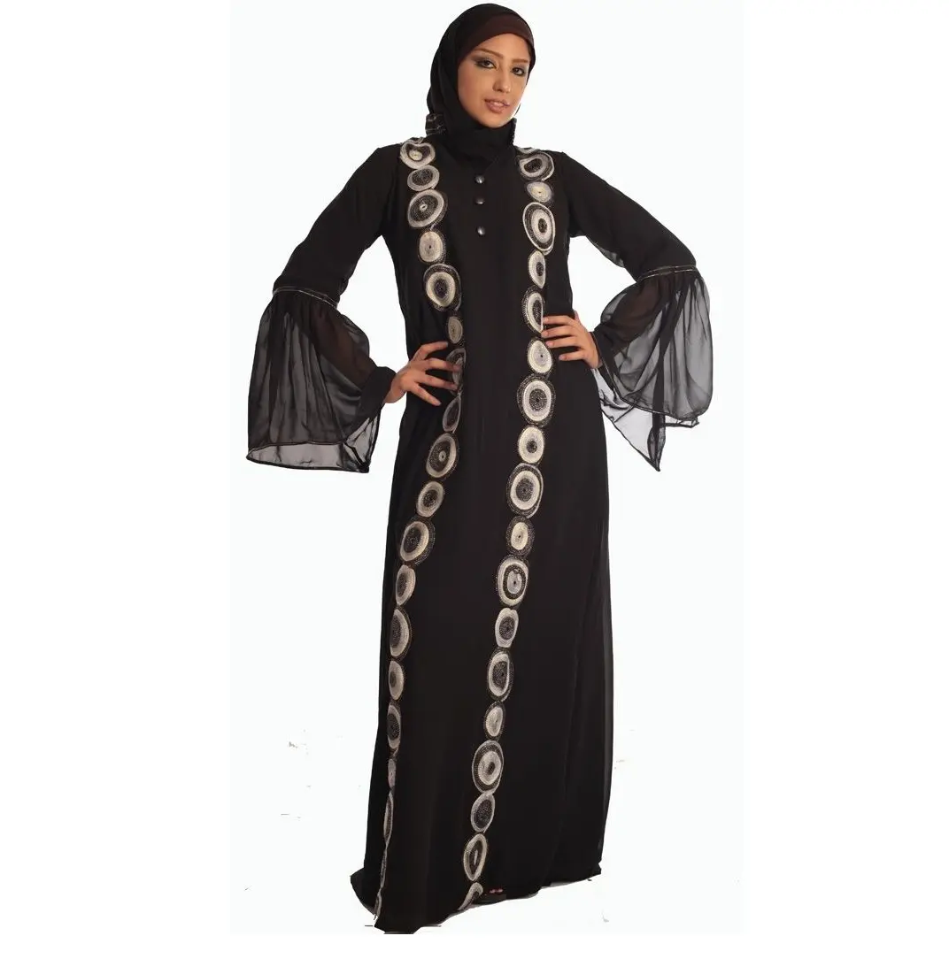 Último desgaste islámico Abaya bordado pesado negro teñido diseño impreso moda Abayas con logotipo personalizado