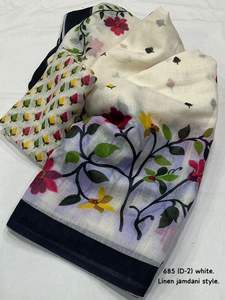 Soft Linen Cotton <b>Saree</b> with <b>Jamdani</b> prints Style Aari Mirror Work and Pallu Tassles for Women in Stock - Product Image 5