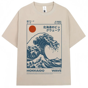 T-shirt vintage style japonais Hokkaido Wave pour hommes et femmes, mode Harajuku, t-shirts de haute qualité, coton surdimensionné, t-shirt d'été - Product Image 1
