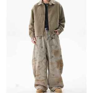 Jeans homme taille moyenne coupe droite 100% coton tissu assouplissant imperméable pour usage quotidien vêtements de travail et style de rue - Product Image 2