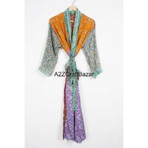 Indian Vintage Patchwork Silk V-neck <b>Robe</b>-Elegant Summer Beach Wear <b>Bridal</b>/Maternity Style Full Length Long Sleeves Quick Dry - Product Image 4